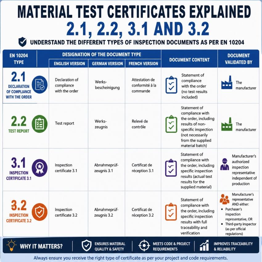 Infographic explaining Material Test Certificates as per EN 10204, showing differences between 2.1, 2.2, 3.1, and 3.2 with document content, validation authority, and multilingual designations.