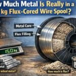 Cutaway illustration of a 15 kg flux-cored wire spool showing metal core and flux filling, with labeled components, digital scale reading 15.0 kg, and surrounding visuals of welding sparks, metal ingots, and flux compound.