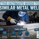 Professional welder joining two different metal beams, featuring an infographic overlay titled "The Ultimate Guide to Dissimilar Metal Welding" highlighting metallurgy, thermal expansion, galvanic corrosion, and filler metal selection.