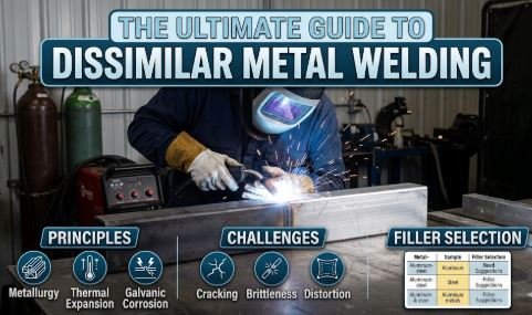 Professional welder joining two different metal beams, featuring an infographic overlay titled "The Ultimate Guide to Dissimilar Metal Welding" highlighting metallurgy, thermal expansion, galvanic corrosion, and filler metal selection.