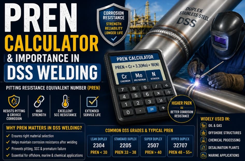 PREN Calculator and Importance in DSS Welding infographic showing duplex stainless steel pipe welding, PREN formula calculation, common DSS grades, and corrosion resistance benefits.